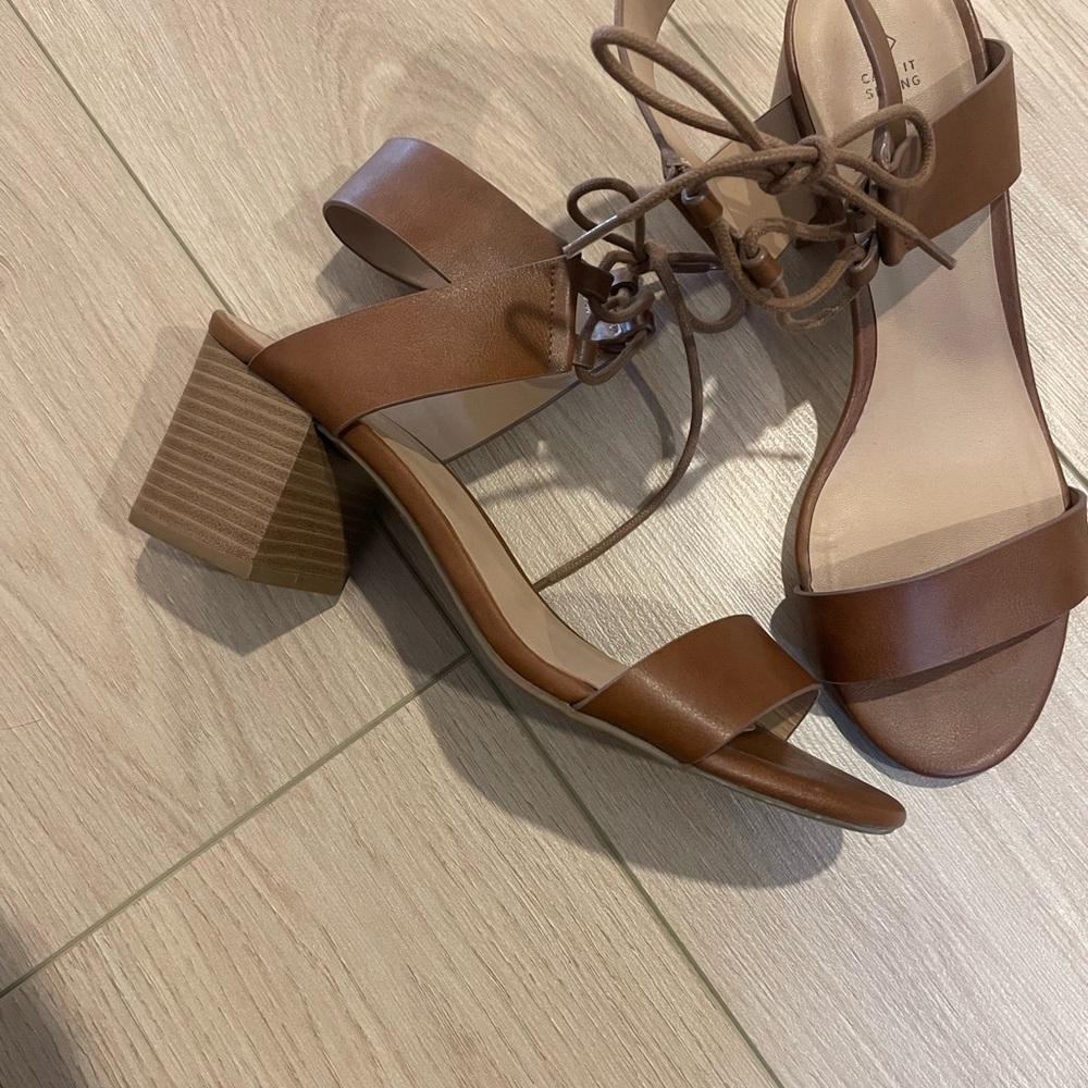 Call It Spring Brown Block Heel Sandals with Lace Ankle Tie - Picture 3 of 7